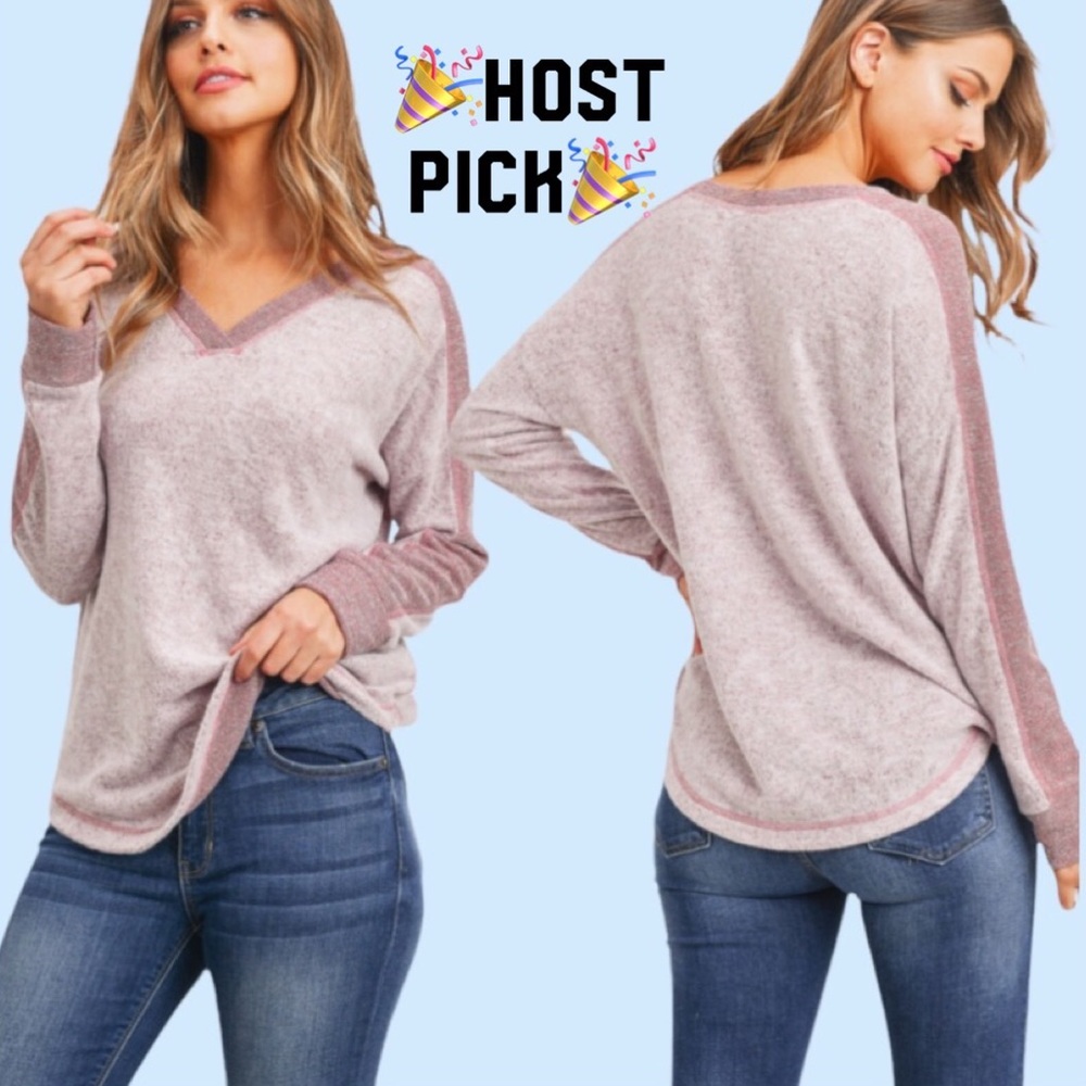 ❌DONATED❌Cherish Burgundy Contrast Long Sleeve Brushed Knit Top - Picture 1 of 10